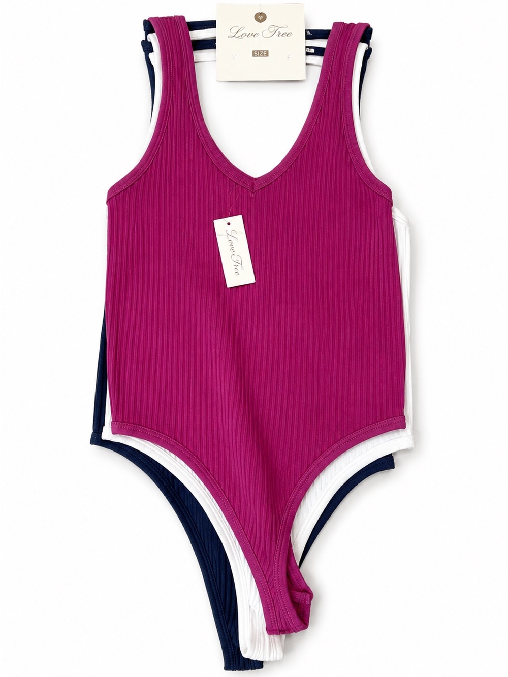 3-Pack Ribbed Tank Bodysuits | Black White Berry | V-Neck Bodysuit Set | S/M